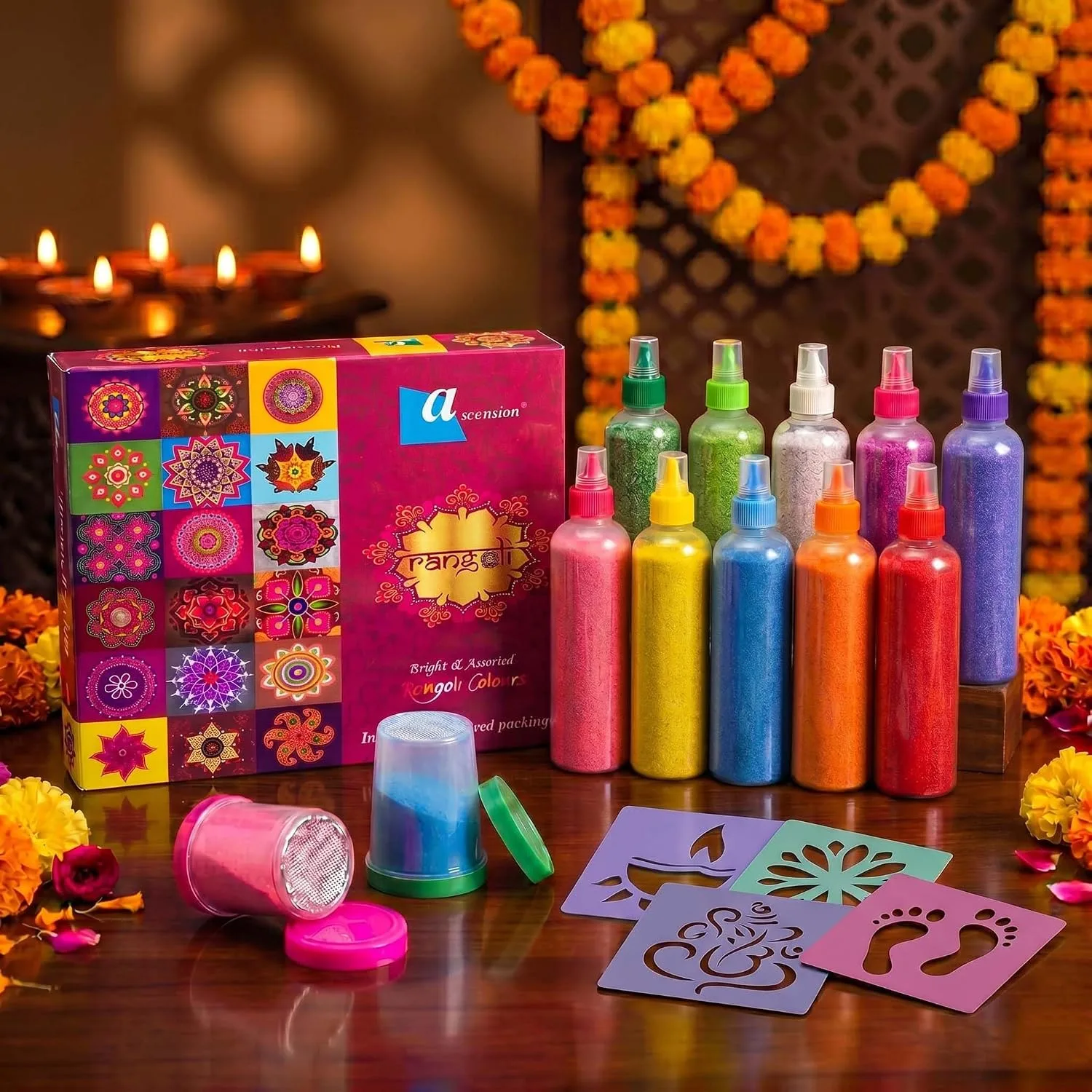 In-Depth Review: best rangoli stencils - Ascension 10 Rangoli Powder Colors Bottles 4 Stencils and 2 Fillers Design Creativity Diwali Decoration Item 1 best rangoli stencils