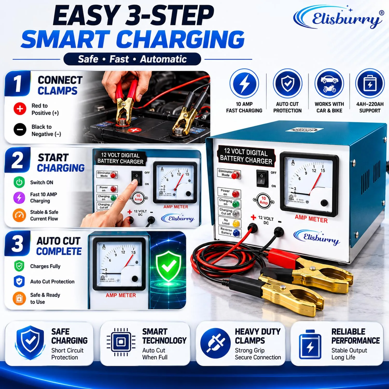 In-Depth Review: best car battery - ELISBURRY Heavy Duty Volt Amp Battery Charger for Car & Bike – Auto Cut, Compatible with 4AH to 220AH B 5 ELISBURRY Heavy Duty Volt Amp - view 4
