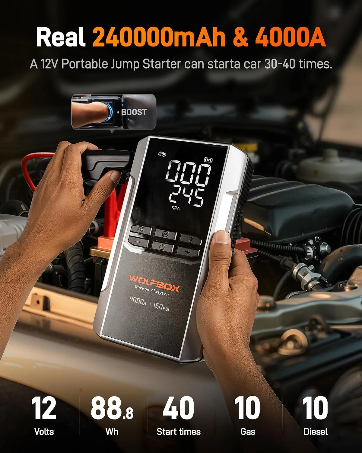 In-Depth Review: best car jump starter - WOLFBOX 4000A Car Jump Starter & 160PSI Air Pump, 24000mAh Power Bank with 65W USB-C Fast Charging, 12V 4 WOLFBOX 4000A Car Jump Star - view 3